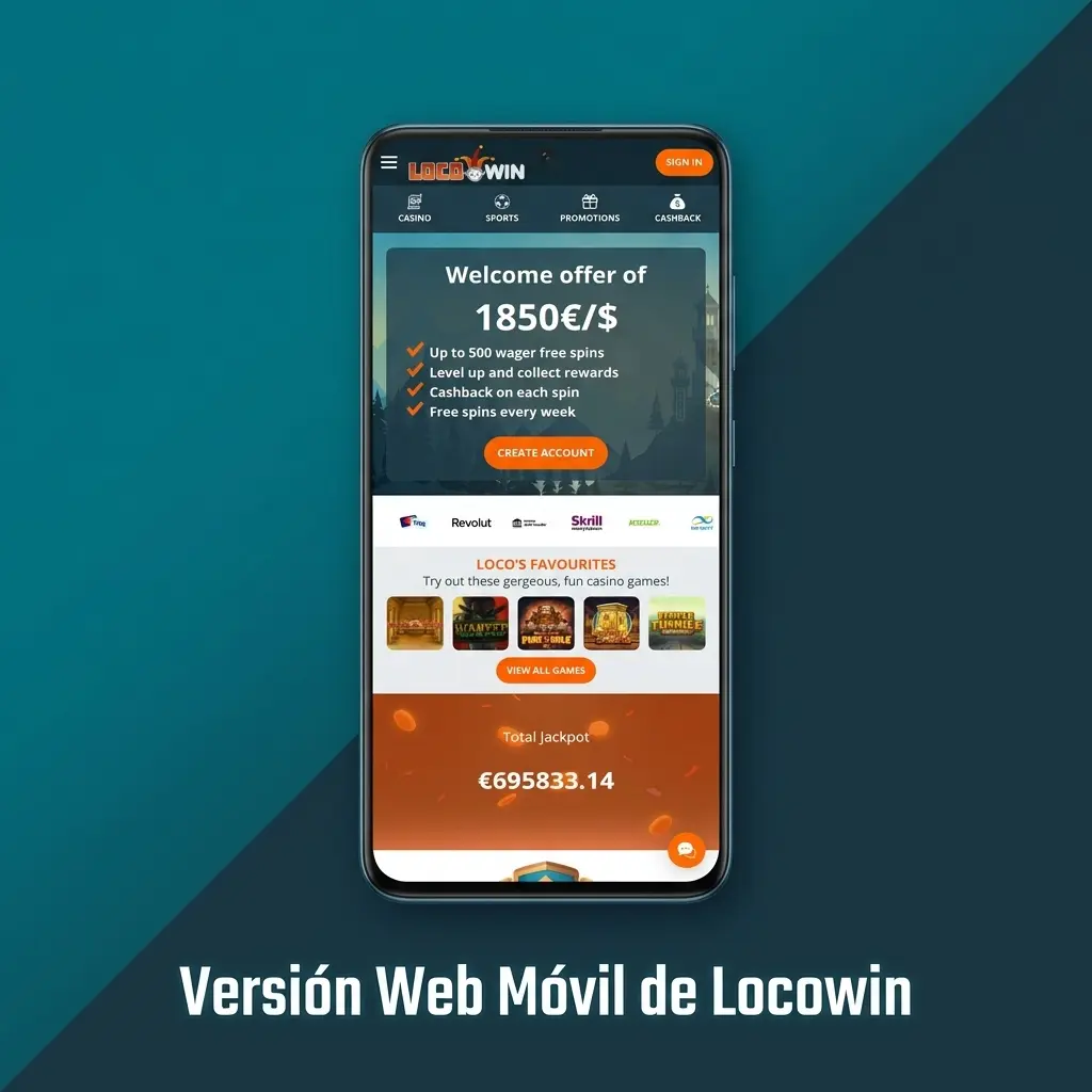 Versión web móvil de Locowin accesible desde cualquier navegador sin instalación, compatible con Android e iOS